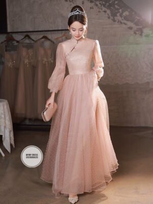 Đầm prom, váy dự tiệc ngắn màu hồng pastel đơn giản